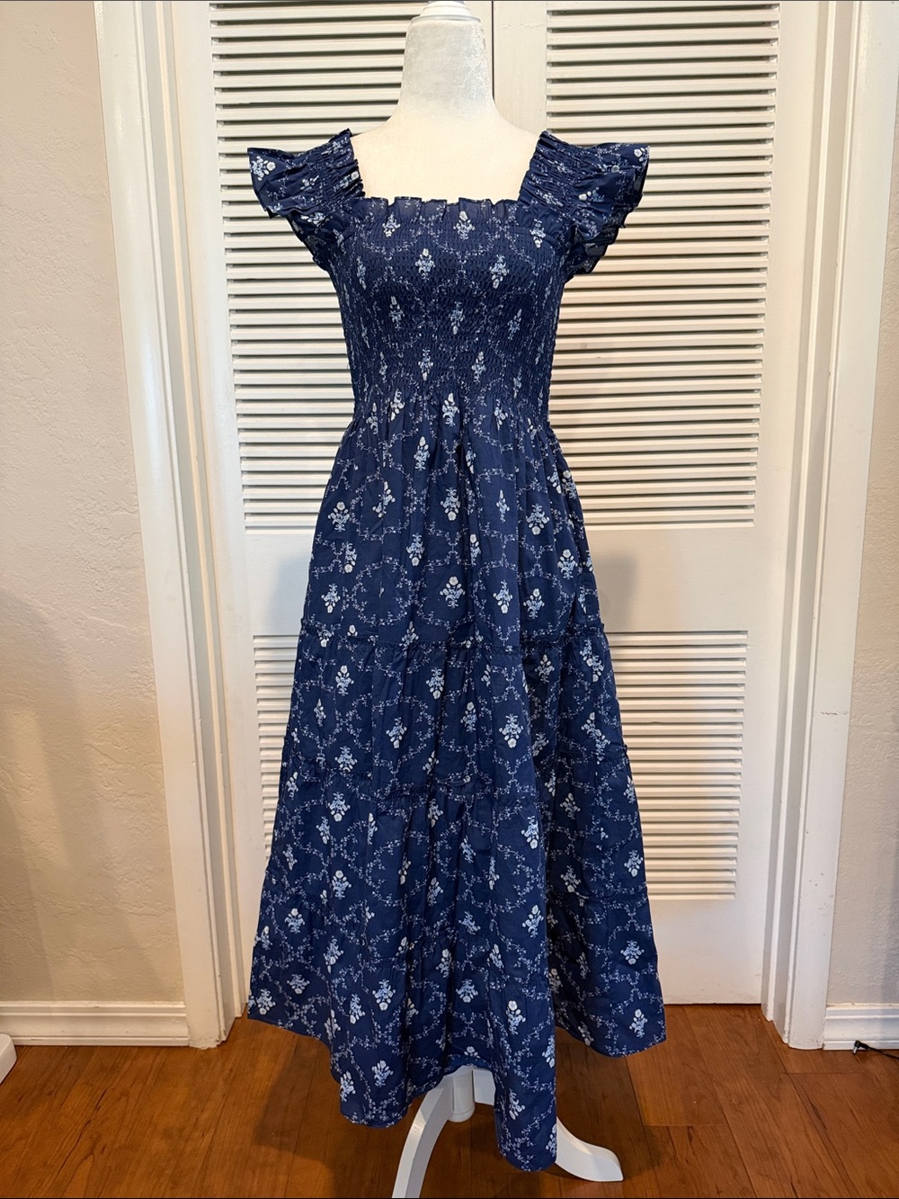 Hill House Navy Blue Trellis Dress with White Floral Print